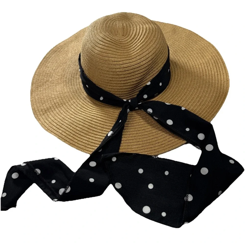 Market And Layne Straw Sun Hat Black Polka Dot Ribbon Band One Size